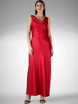 FableStreet - Satin A-Line Sleeveless Cowl Neck Marble Print Red Dress