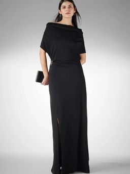 FableStreet - Polyester Knit A-Line Off-Shoulder Cowl Neck Black Dress