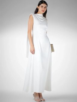 FableStreet - Satin Fit and Flare Sleeveless High Neck White Dress
