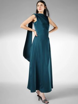 FableStreet - Satin Fit and Flare Sleeveless High Neck Teal Dress