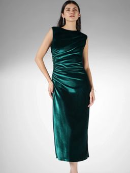 FableStreet - Velvet Bodycon Sleeveless Boat Neck Emerald Green Dress