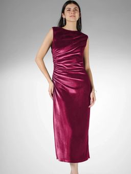 FableStreet - Velvet Bodycon Sleeveless Boat Neck Fuchsia Dress