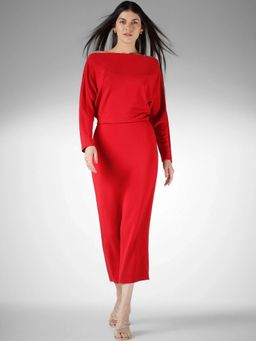FableStreet - Polyester Sheath Kimono Sleeve Off-Shoulder Red Dress