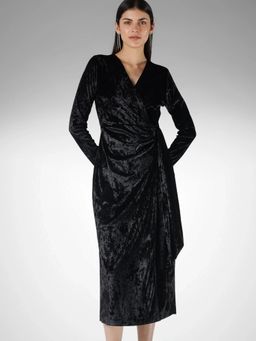 FableStreet - Velvet Wrap Full Sleeve V-Neck Solid Black Dress