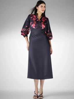 FableStreet - Satin Semi-Fit Puff Sleeve Mandarin Neck Floral Black Dress