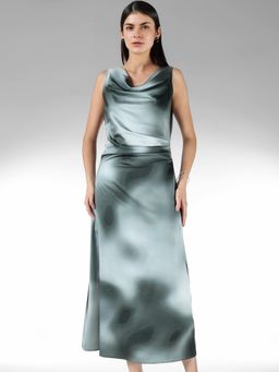 FableStreet - Satin Ombre Sleeveless Cowl Neck Olive Dress