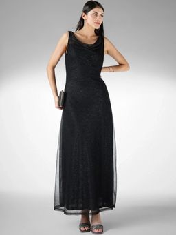 FABLE STREET - Lurex A-Line Sleeveless Cowl Neck Textured Black Dress