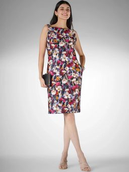 FableStreet - Brocade Slim Fit Sleeveless Boat Neck Floral Multi-Color Dress