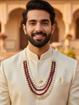 Karatcart - Men Luxurious Maroon Tumble Stone and Polki Kundan Maharaja Necklace