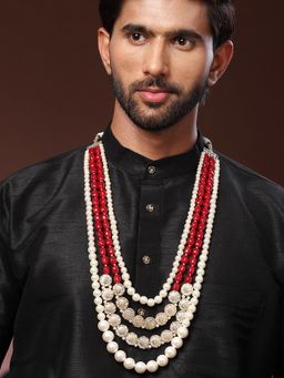 Karatcart - Men Red and White Pearl Kundan Maharaja Necklace