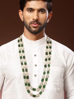 Karatcart - Men Royal Green Carved Stone and Pearl Layered Maharaja Necklace