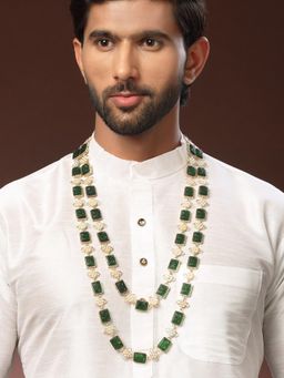 Karatcart - Men Green Carved Stone and Pearl Floral Design Layered Maharaja Necklace