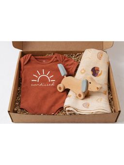FURR BALLS - Brown Printed Organic Romper with Wood Dog Toy and Swaddle