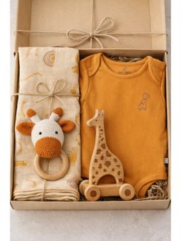FURR BALLS - Yellow Printed Organic Romper, Wood Gifi Toy with Swaddle and Giraffe Rattle