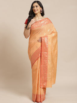 Indethnic - Banarasi Peach Woven Design Daily Wear Saree With Unstitched Blouse