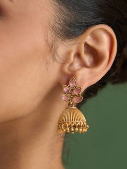 Fida - Pink Antique Gold Floral Peach Stone Temple Muhuratam Jhumkas Earrings for Women