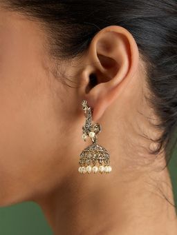 Fida - Gold Peacock White Pearl Temple Muhuratam Jhumkas Earrings for Women