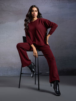 RSVP by Nykaa Fashion - Wine Crew Neck Sweater High Waist Pants Co-Ord (Set of 2)