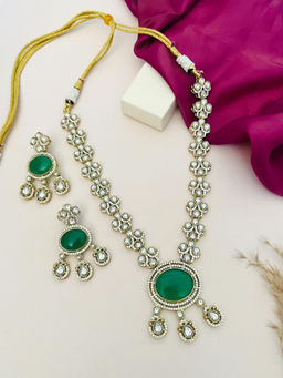 Abdesigns - Green Gold Plated Polki American Diamond Jewellery Set