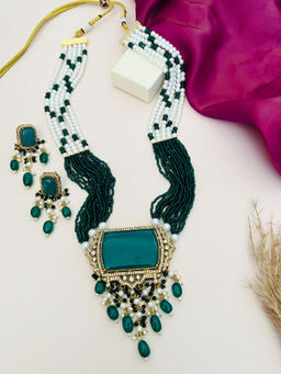 Abdesigns - Green Gold Plated Polki American Diamond Jewellery Set