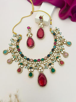 Abdesigns - Gold Plated Polki American Diamond Jewellery Set