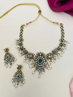 Abdesigns - Green Gold Plated Polki Temple Jewellery Set