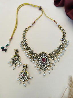 Abdesigns - Red Gold Plated Polki Temple Jewellery Set