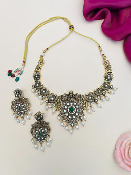 Abdesigns - Green Gold Plated Polki Temple Jewellery Set