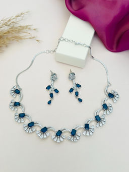 Abdesigns - Navy Blue Silver Plated American Diamond Jewellery Set