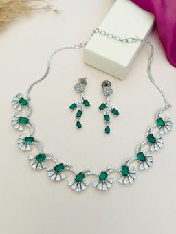 Abdesigns - Green Silver Plated American Diamond Jewellery Set