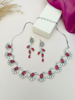 Abdesigns - Red Silver Plated American Diamond Jewellery Set