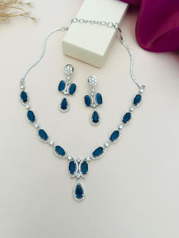 Abdesigns - Blue Silver Plated American Diamond Jewellery Set