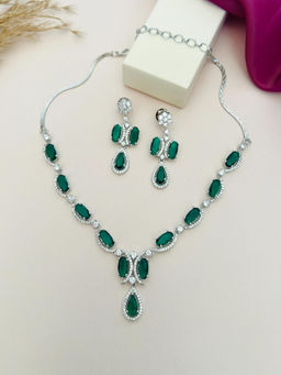 Abdesigns - Green Silver Plated American Diamond Jewellery Set