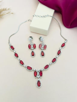 Abdesigns - Red Silver Plated American Diamond Jewellery Set