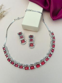 Abdesigns - Red Silver Plated American Diamond Jewellery Set