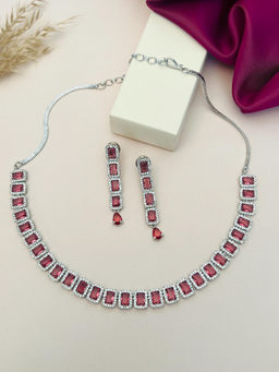 Abdesigns - Red Silver Plated American Diamond Jewellery Set