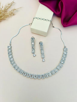 Abdesigns - White Silver Plated American Diamond Jewellery Set