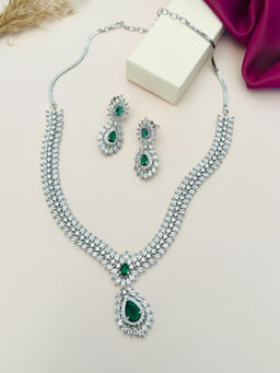 Abdesigns - Green Silver Plated American Diamond Jewellery Set