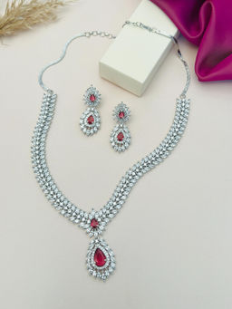 Abdesigns - Red Silver Plated American Diamond Jewellery Set