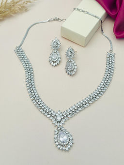 Abdesigns - White Silver Plated American Diamond Jewellery Set