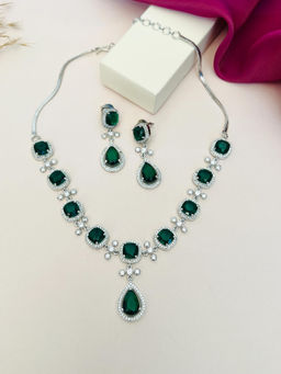 Abdesigns - Green Silver Plated American Diamond Jewellery Set
