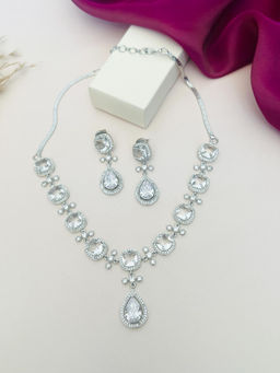 Abdesigns - White Silver Plated American Diamond Jewellery Set