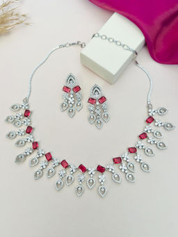 Abdesigns - Red Silver Plated American Diamond Jewellery Set