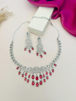 Abdesigns - Red Silver Plated American Diamond Jewellery Set