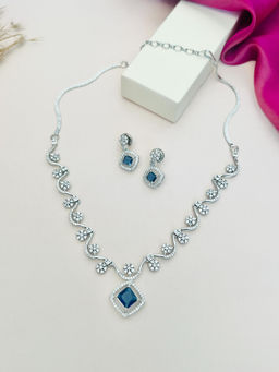 Abdesigns - Blue Silver Plated American Diamond Jewellery Set
