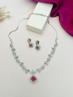 Abdesigns - Red Silver Plated American Diamond Jewellery Set