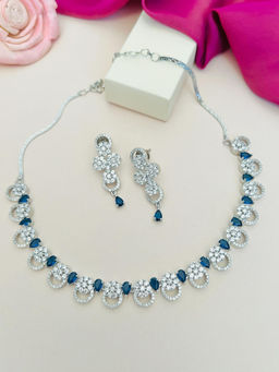 Abdesigns - Blue Silver Plated American Diamond Jewellery Set