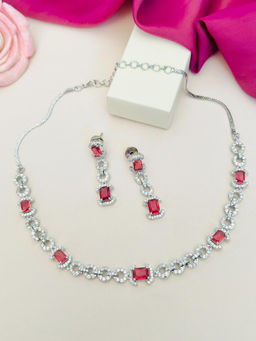 Abdesigns - Red Silver Plated American Diamond Jewellery Set