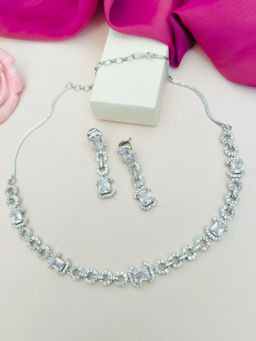 Abdesigns - White Silver Plated American Diamond Jewellery Set