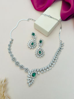 Abdesigns - Green Silver Plated American Diamond Jewellery Set